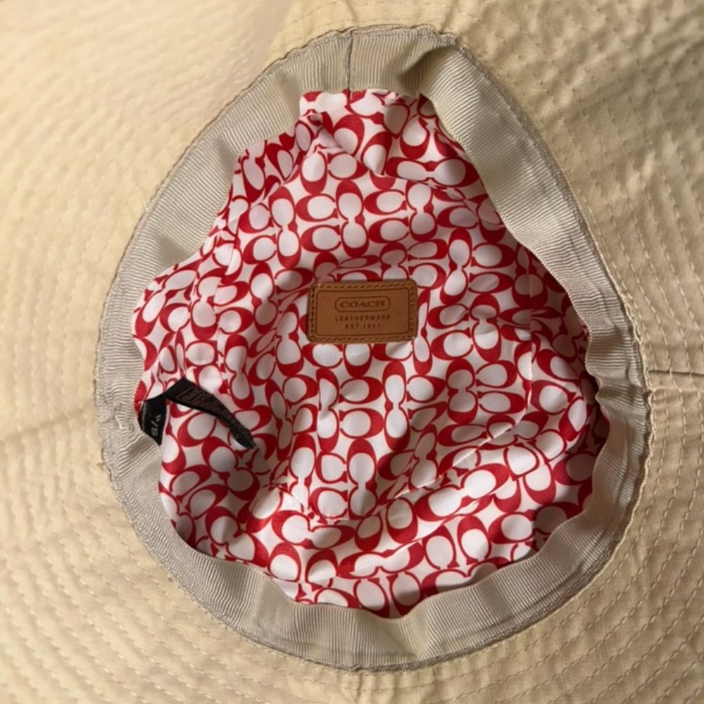 Khaki Coach Bucket Hat with leather trim and red silk lining - Picture 4 of 7